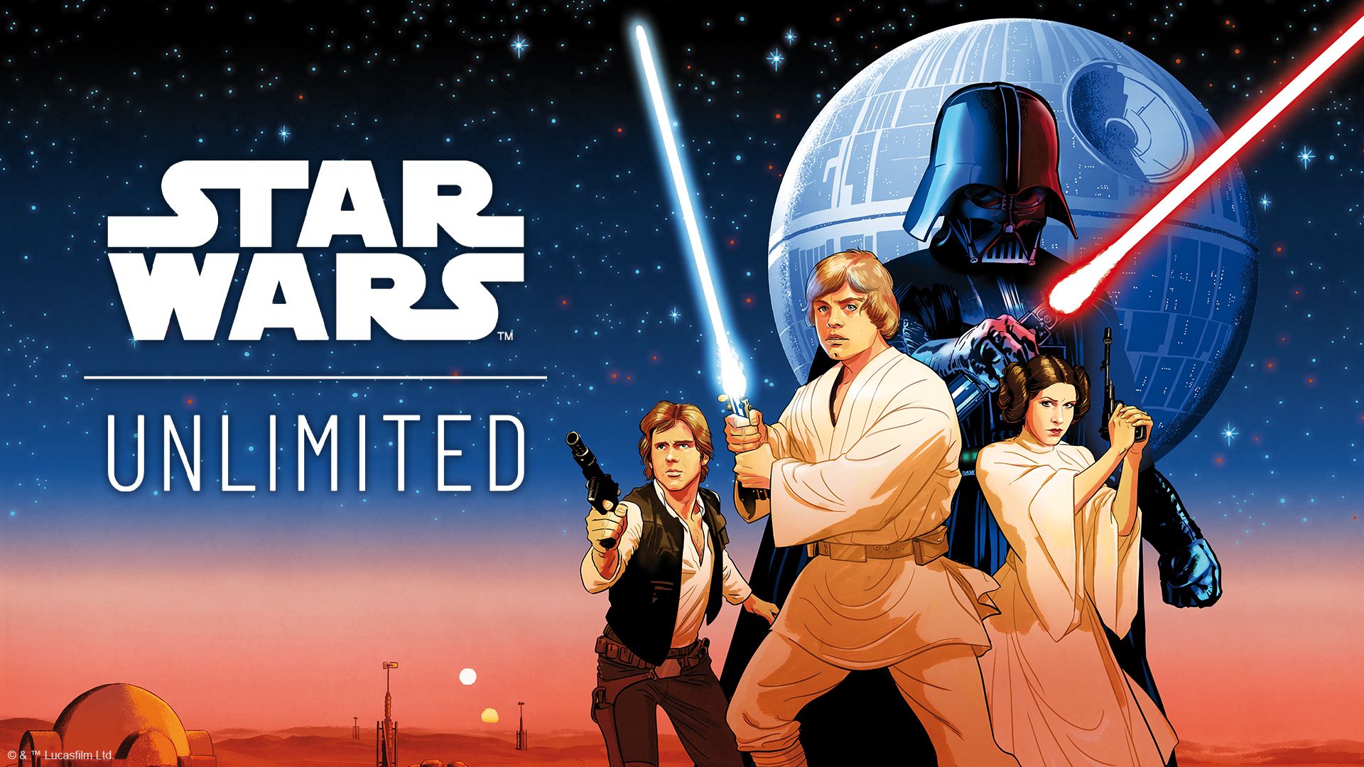 Banner artwork for Star Wars: Unlimited, featuring Han Solo, Luke Skywalker, Lei Organa, and Darth Vader. Background with Tatooine, Twin Suns, and the Death Star.